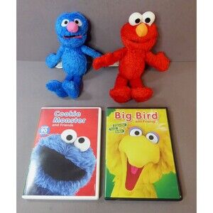 Sesame Street Big Bird and Cookie Monster Friends DVD + Grover & Elmo Plush Lot